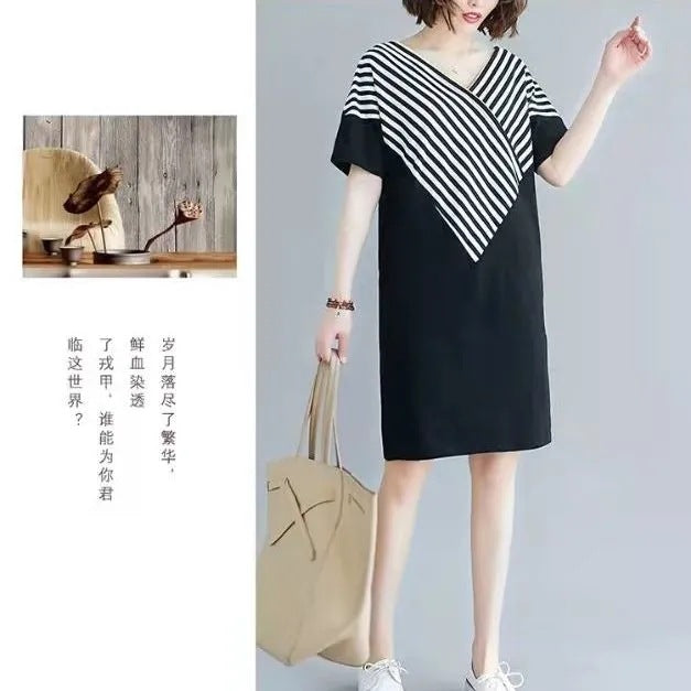 Korean Style Mid-Length Short-Sleeve Striped Patchwork Skirt, Belly-Covering, Slimming, Plus Size, Loose-Fit, Casual V Women's Trendy Collared Dress
