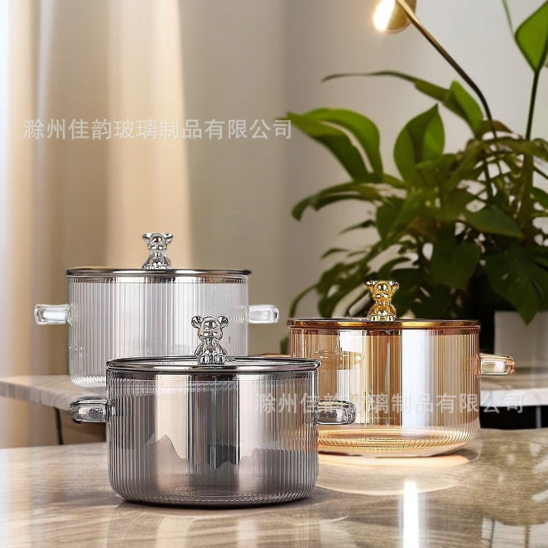 Creative Bear Double Ear Soup Pot Striped Pot Glass Transparent Health Pot Electric Ceramic Stove Heatable Instant Noodle Bowl Milk Pot