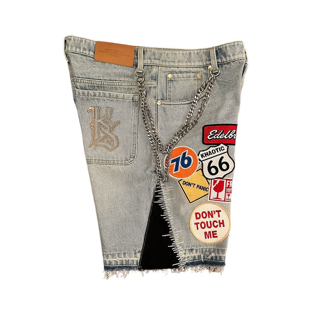 Cross-Border European and American Trendy Brand Printed Denim Shorts Men High Street Design Sense Straight Five-Point Pants Loose Versatile Mid-Length Pants Trendy