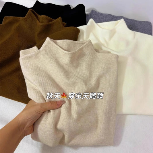 Soft and Cozy Half Turtleneck Knitted Sweater for Women, Autumn and Winter Versatile Top, Korean Style Slimming Solid Color Inner Layer, Mid-Neck Sweater, Base Shirt