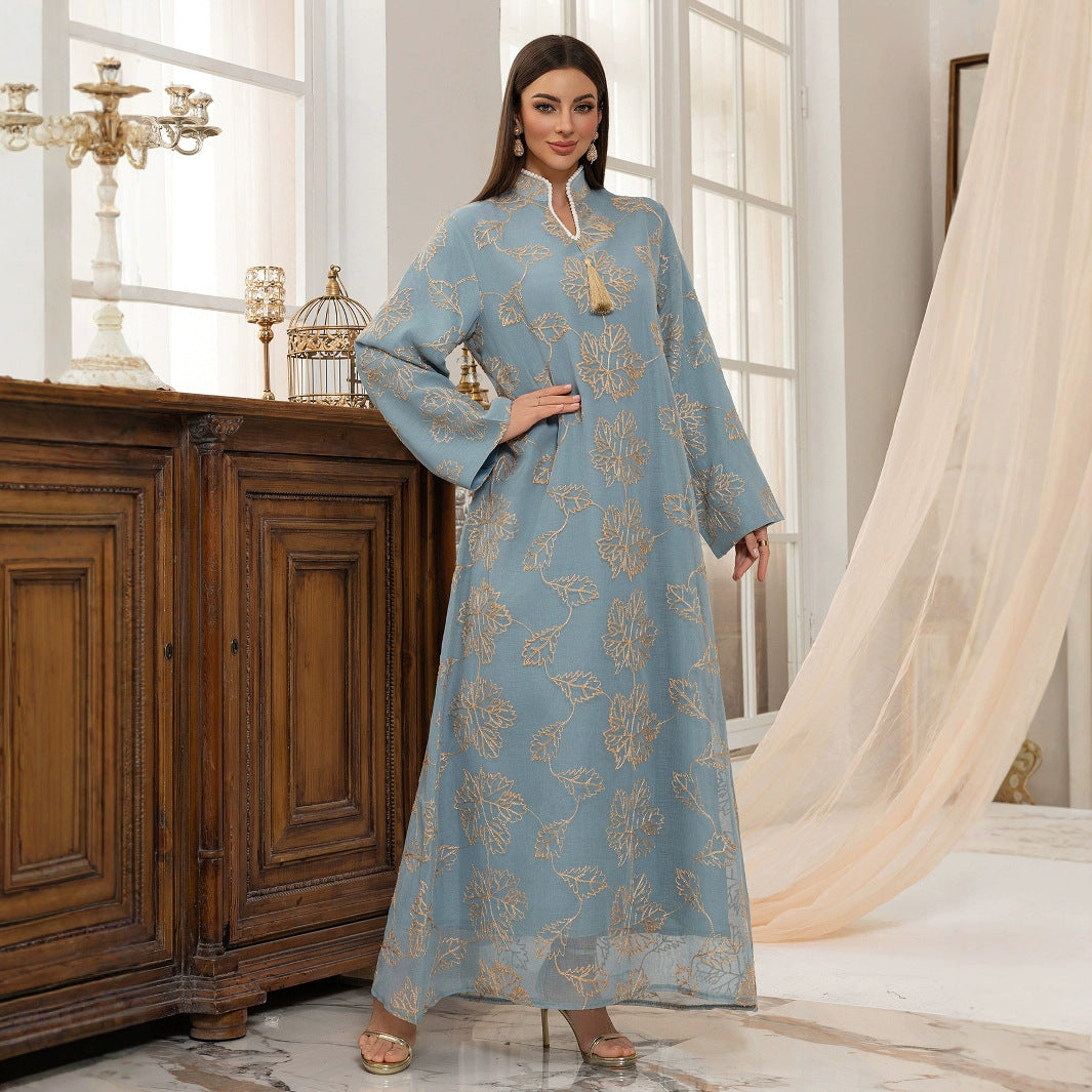 Cross-Border New Leaf Embroidery Tassel Middle Eastern Muslim Clothing Long Dress Fashion Elegant Cover-Up Dress Robe