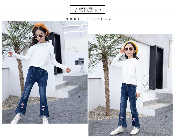 Children's Clothing Wholesale Girls' Jeans Spring and Autumn New Style Medium and Large Children's Slim Pants Baby Casual Girls' Flared Long Pants