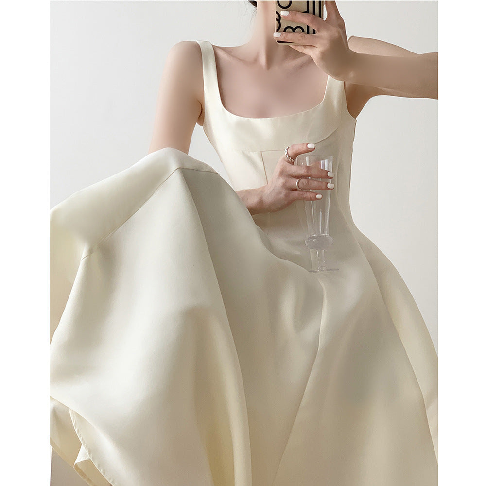 French Style Light Wedding Dress Solid Color Satin Simple Petite Host Adult Ceremony Party Banquet Evening Dress Suitable for Daily Wear