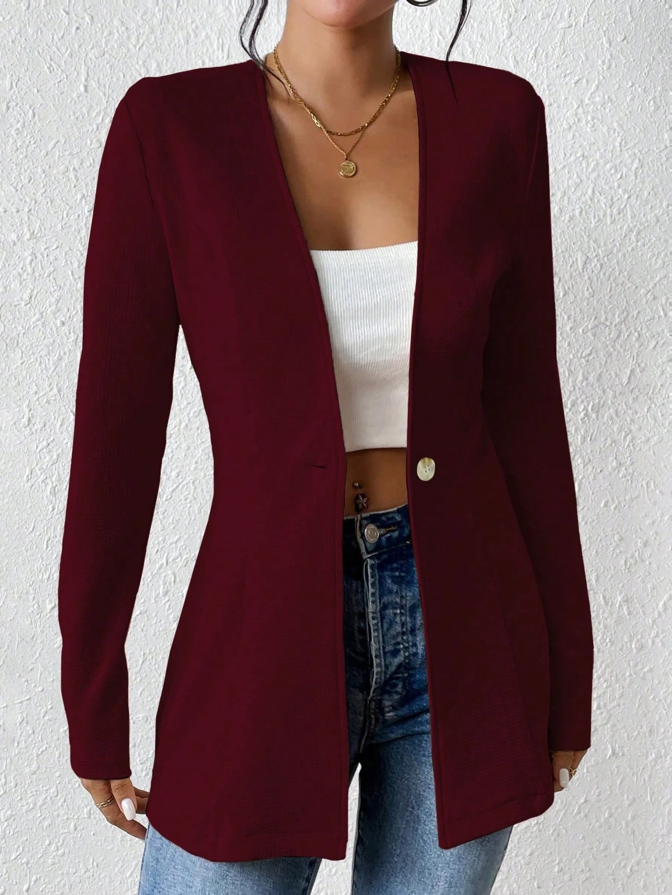 2025New Korean Fashion Style from Amazon Europe and America V Single Button Solid Color Long Sleeve Blazer