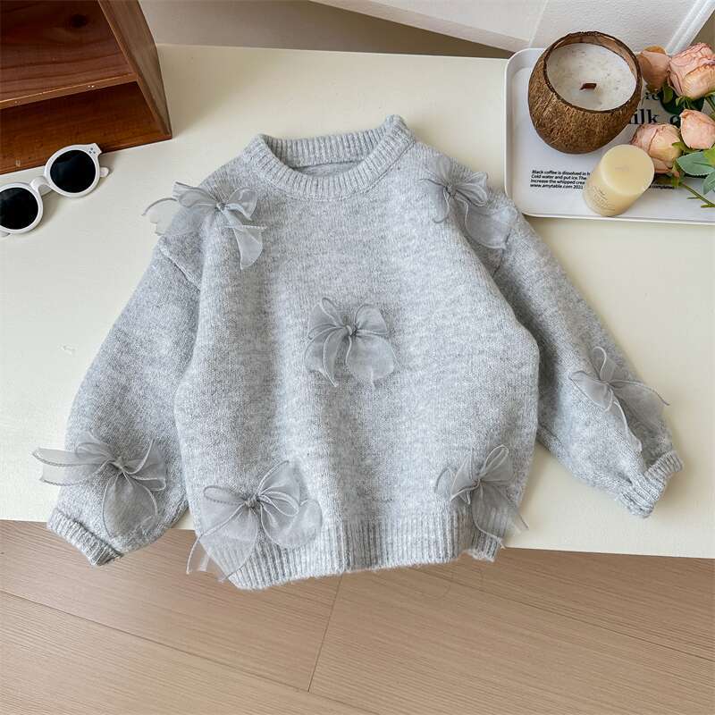 Sweet Little Sister Korean Children's Sweater Spring and Autumn New Fashionable Girls' Korean Style Fashionable Children's Bow Knitted Sweater
