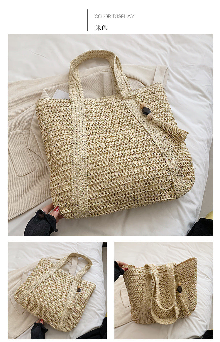 Cross-Border Hot-Selling Women's Bag Simple Large Capacity Lightweight Woven Bucket Beach Bag Trendy Straw New Handheld Shoulder Bag