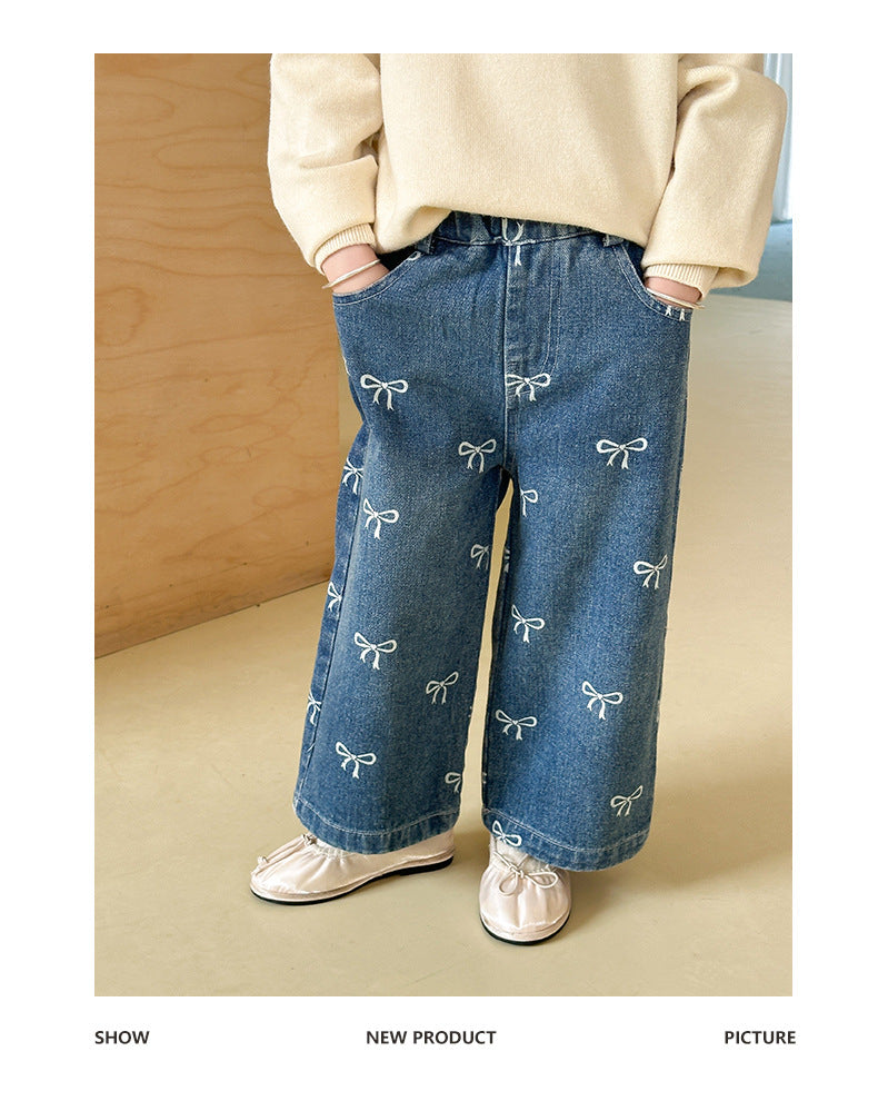 Girls' Pants Bowknot Print Jeans Wide Leg Straight2025Autumn New Fashionable and Stylish for Girls and Young Children