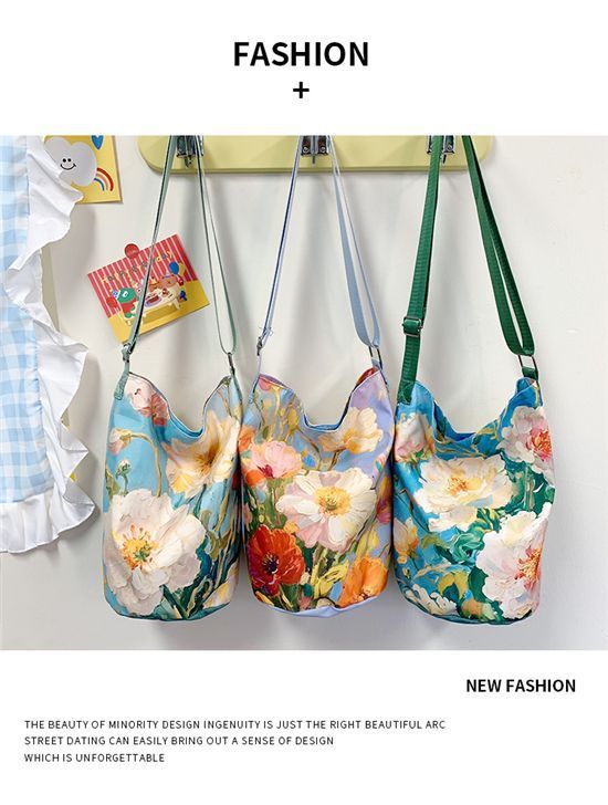 New2025Floral Oil Painting Niche Large Capacity Versatile Commuter Bucket High-end Bag Women's Shoulder Bag Hot Item