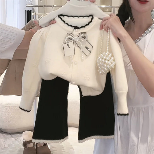 Sweet Little Girl Autumn Outfit Set25Spring and Autumn Korean Style Girl Little Chanel Style Sweater Jacket Baby Girl Flared Pants