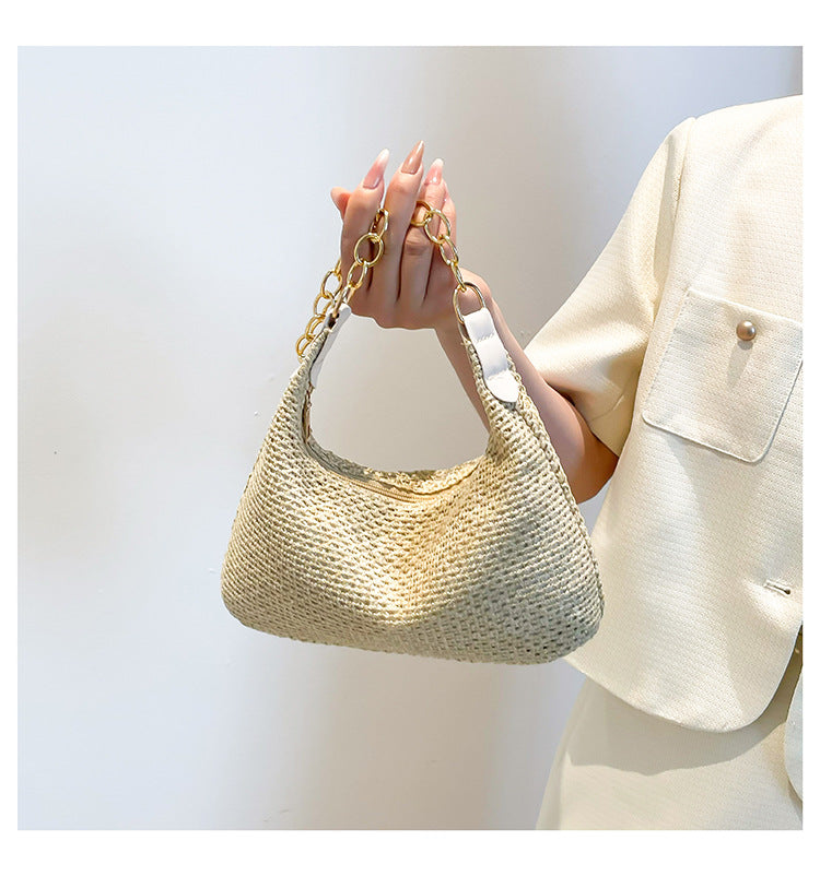 South Korea ins Vintage Woven Tote Bag Straw Bag Large Capacity Underarm Bag Shoulder Bag Vacation Style Beach Bag for Women