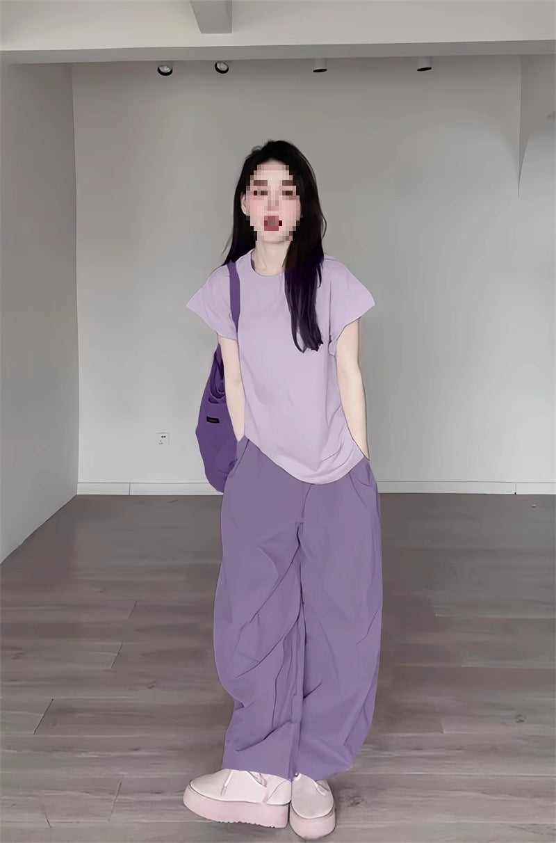 Summer Dopamine Full Set Shirt Wide-Leg Pants Two-Piece Set Lazy Style Fashion Casual Thin Suit for Petite Women
