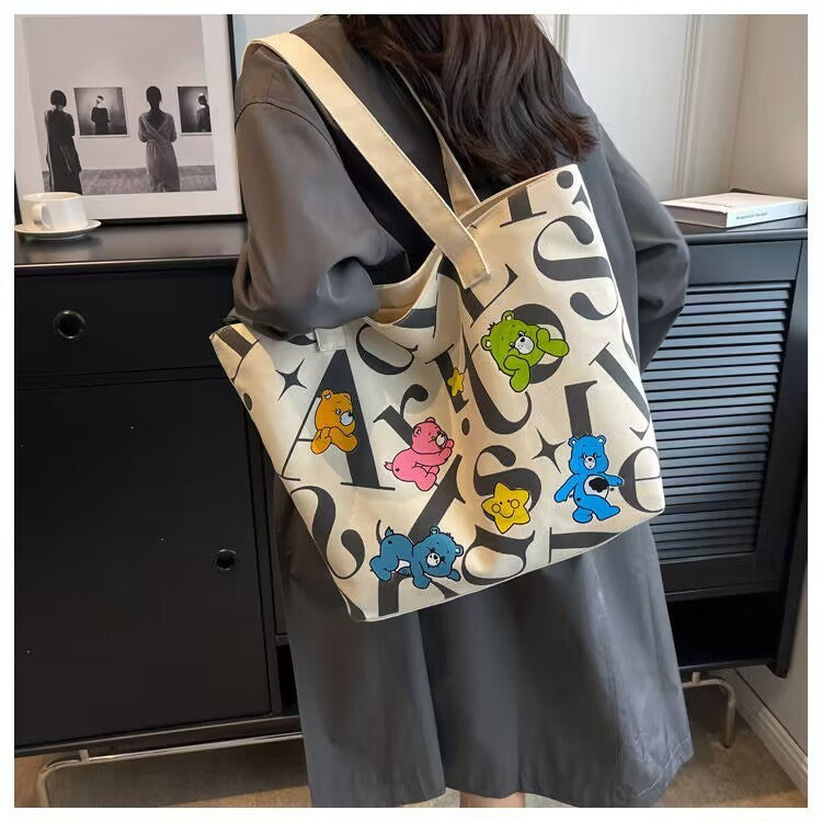 Student Canvas Bag for Women, Large Capacity Tote Commuter Bag, Versatile Printed Mommy Bag, Handheld Shoulder Bag, Shopping Bag for Women