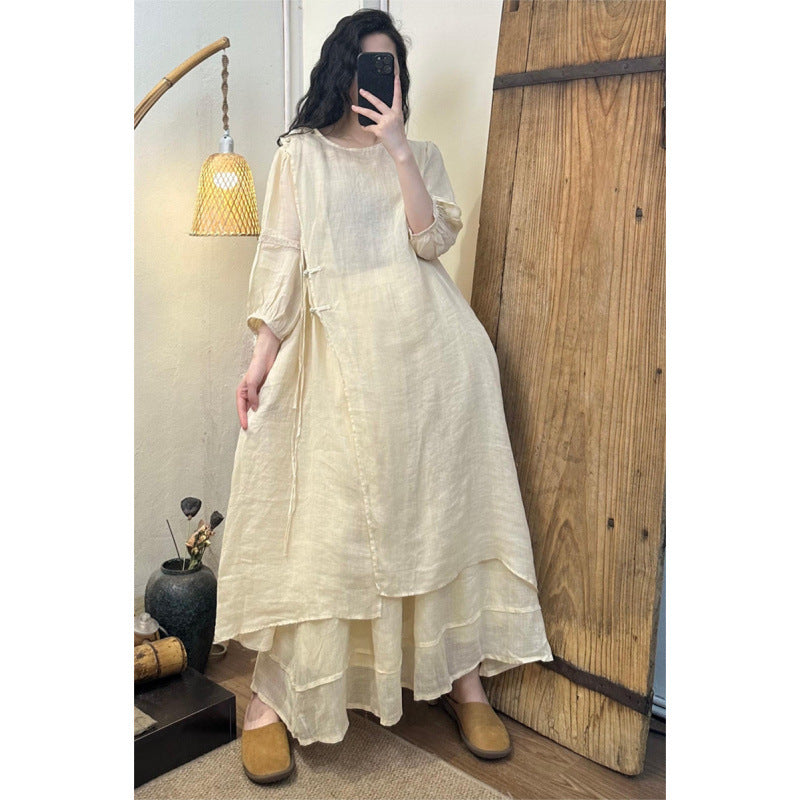 2025Summer New Retro Niche Pure Ramie Handmade Button Lace-up Light National Style Dress