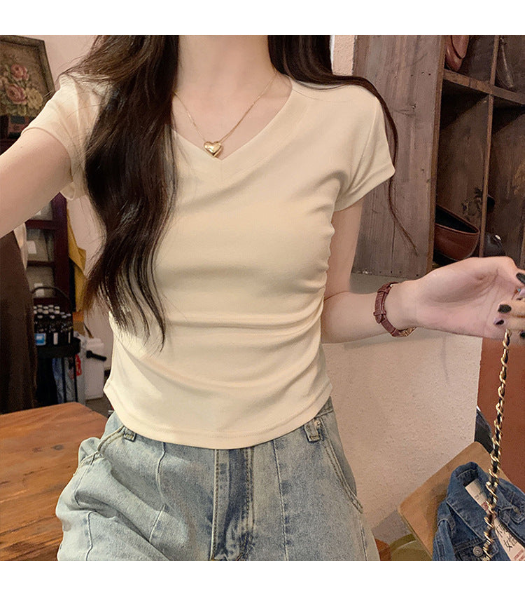 White Slim Fit Ruched t Women's Summer T-shirt2024New design with a structured shoulder and waist-cinching effect for a slimming look V Collar Short Sleeve Top
