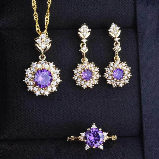 Jewelry Set Non-Fading Exquisite Collarbone Chain Ring Pendant Earrings Plated18K Gold Sparkling Diamond Amethyst Necklace for Women