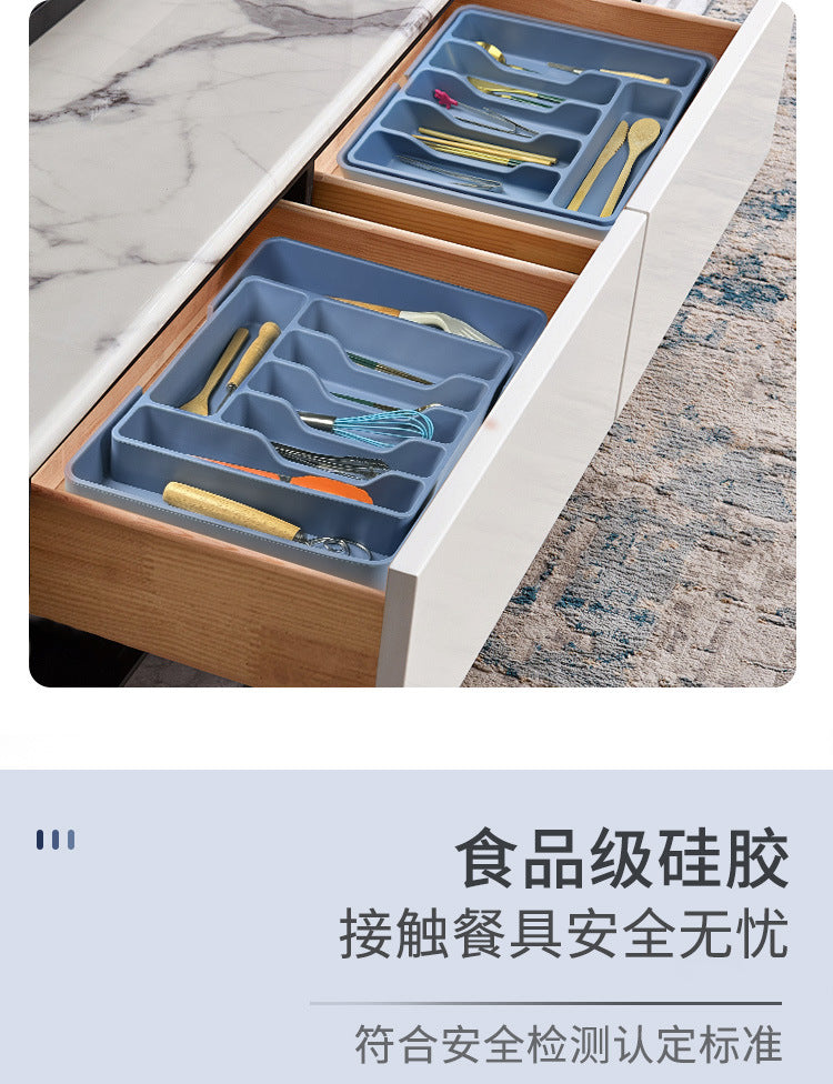 Cross-Border Utensil Tray Drawer Silicone Tableware Storage Box Shrinkable Storage Rack Kitchen Tool Storage Tray