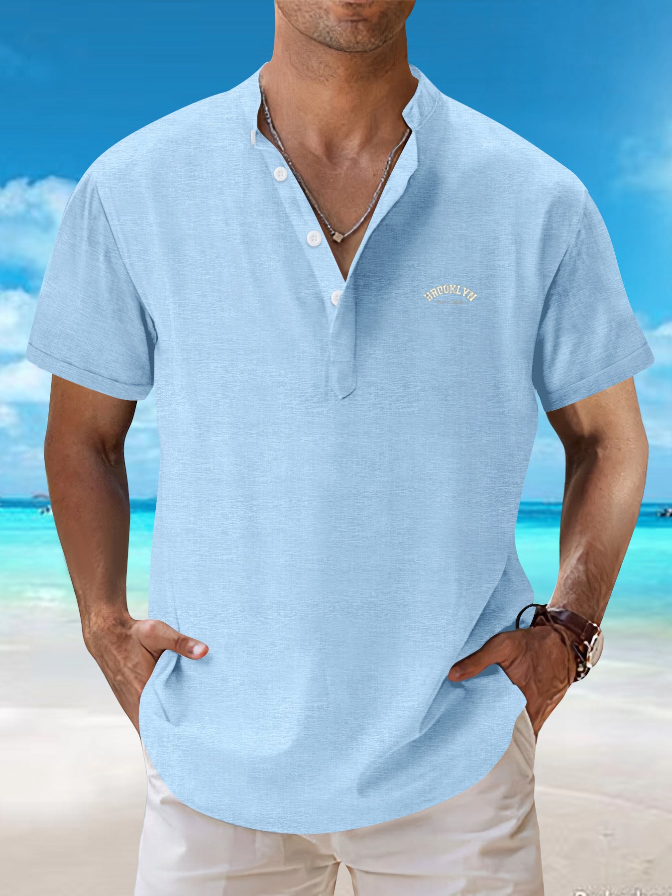 2025New retro loose textured woven shirt for men2025Summer New Stand Collar T Breathable Short Sleeve T-Shirt