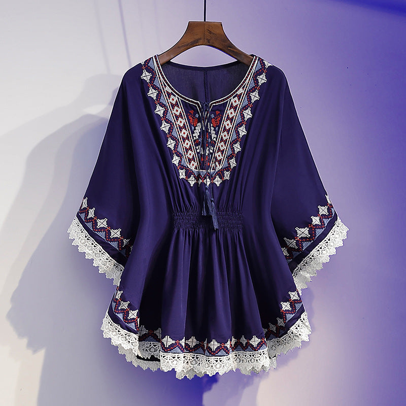 Summer Fashion Retro Slimming Top Women's Stylish Youthful Printed Five-Sleeve Round Neck Chiffon Blouse Women's Fashion