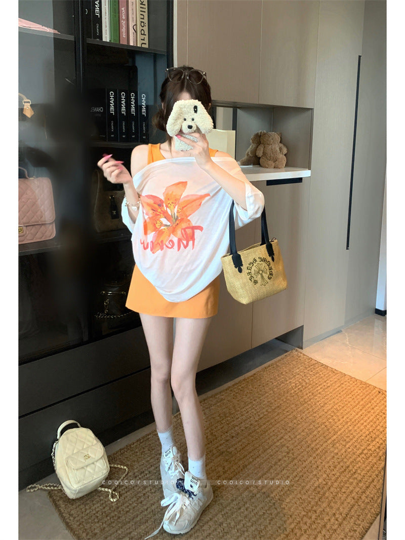 Korean style sweet floral letter print short sleeve T Women's Summer T-shirt2025New off-shoulder design casual top
