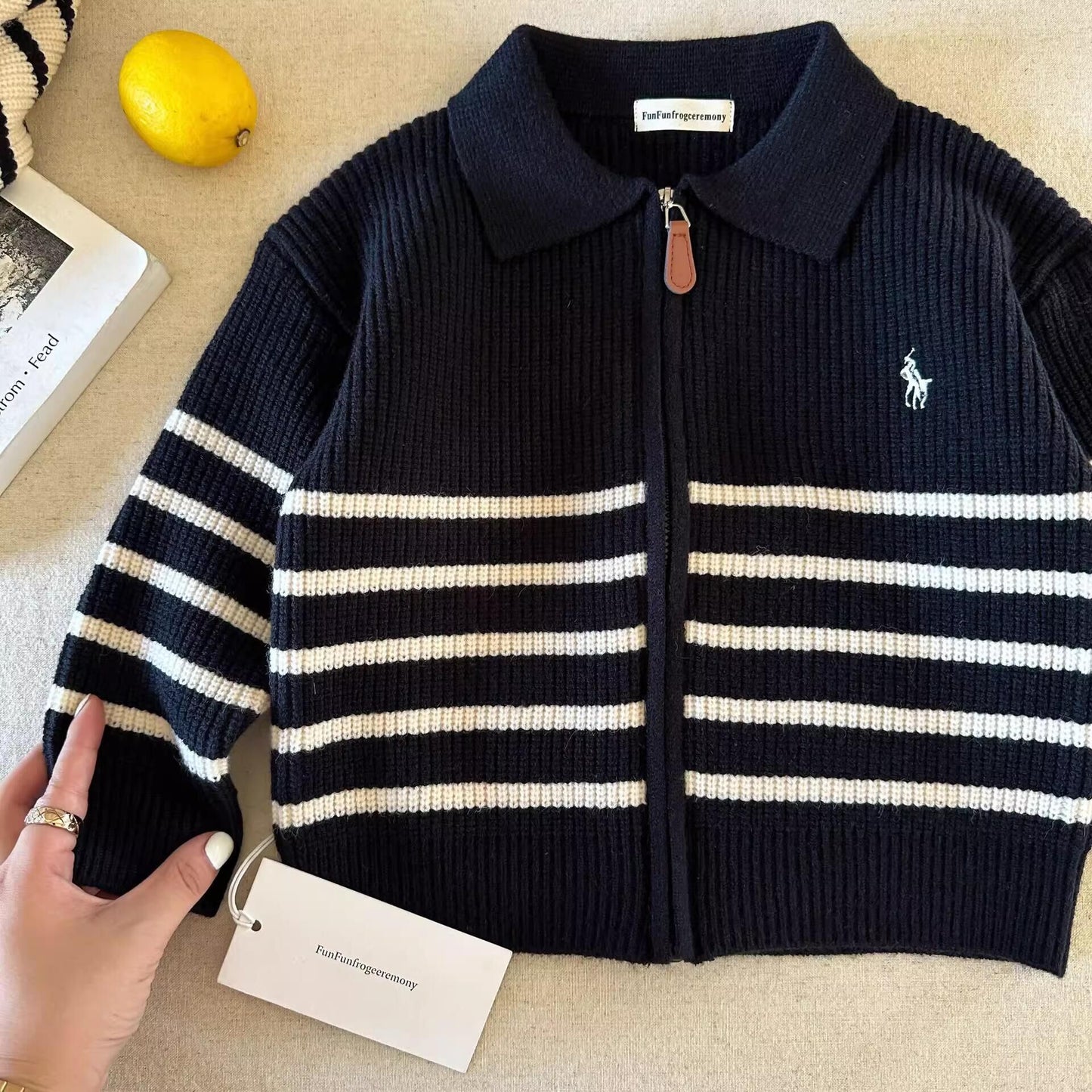 Children's Sweater2025Autumn Style Trendy Brand Boys' Striped Knitted Cardigan Baby Toddler Stylish Zipper Jacket Coat