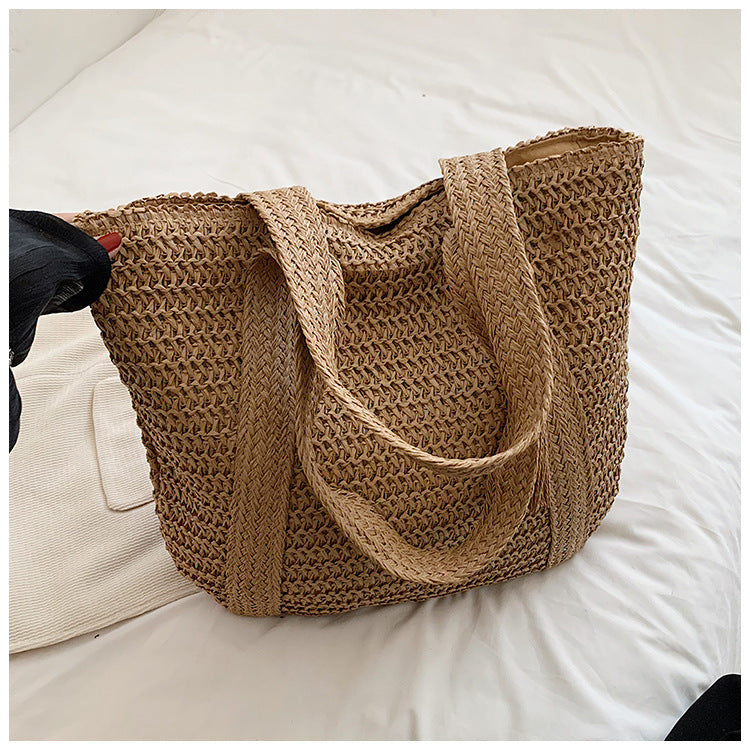 Cross-Border Hot-Selling Women's Bag Simple Large Capacity Lightweight Woven Bucket Beach Bag Trendy Straw New Handheld Shoulder Bag