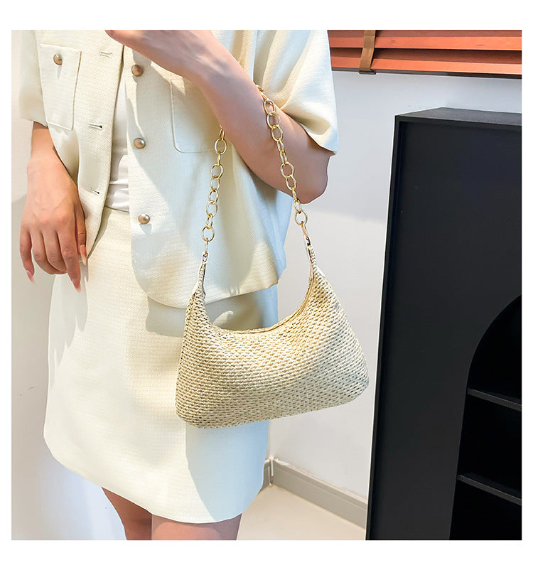 South Korea ins Vintage Woven Tote Bag Straw Bag Large Capacity Underarm Bag Shoulder Bag Vacation Style Beach Bag for Women