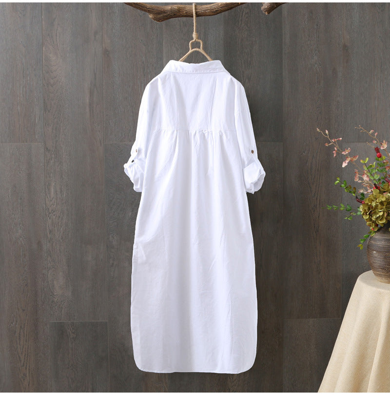 In Stock Japanese and Korean Style Spring Summer Two-Way Cotton Shirt for Women Loose Mid-Length Top Artistic Embroidery Short Sleeve Jacket