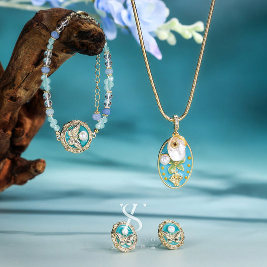 New Tinefu Blue Pearl Necklace Natural Baroque Pearl Butterfly Bracelet14k Gold-plated Earrings Jewelry Set