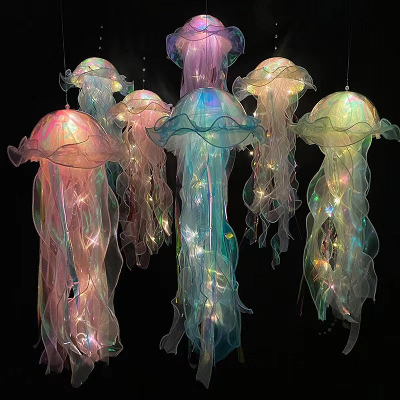 New Handheld Glowing Jellyfish Lantern with Colorful Streamers, Flashing Night Light for Children, Street Stall Night Market Octopus Light Toy