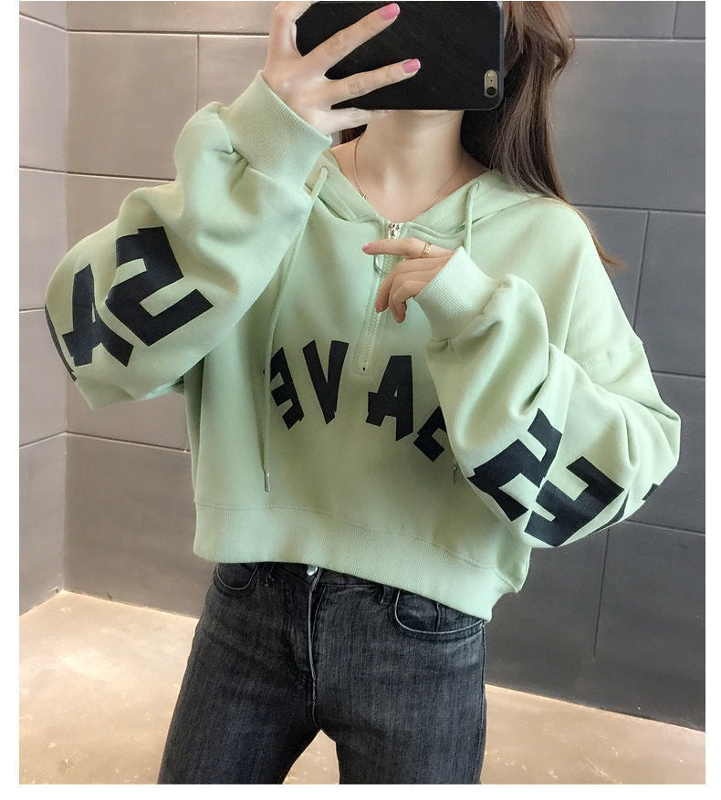 Half Zipper Hooded Short Petites Sweatshirt Women2025New Early Autumn Thin High-Waisted Stylish Streetwear Jacket Trend