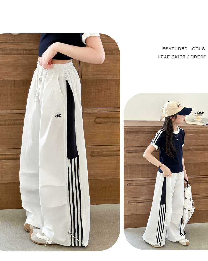 Girls' Summer Thin Pants2025New Cool and Stylish Quick-Dry Cargo Pants for Middle School Students Ice Feel Wide-Leg Pants