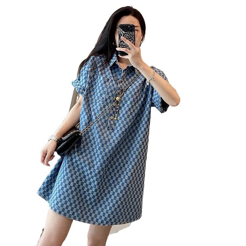 2-300Jin Fat mm Denim Blue Dress for Women Summer New Large Size Mid-Length Loose Short Sleeve T T-shirt Skirt