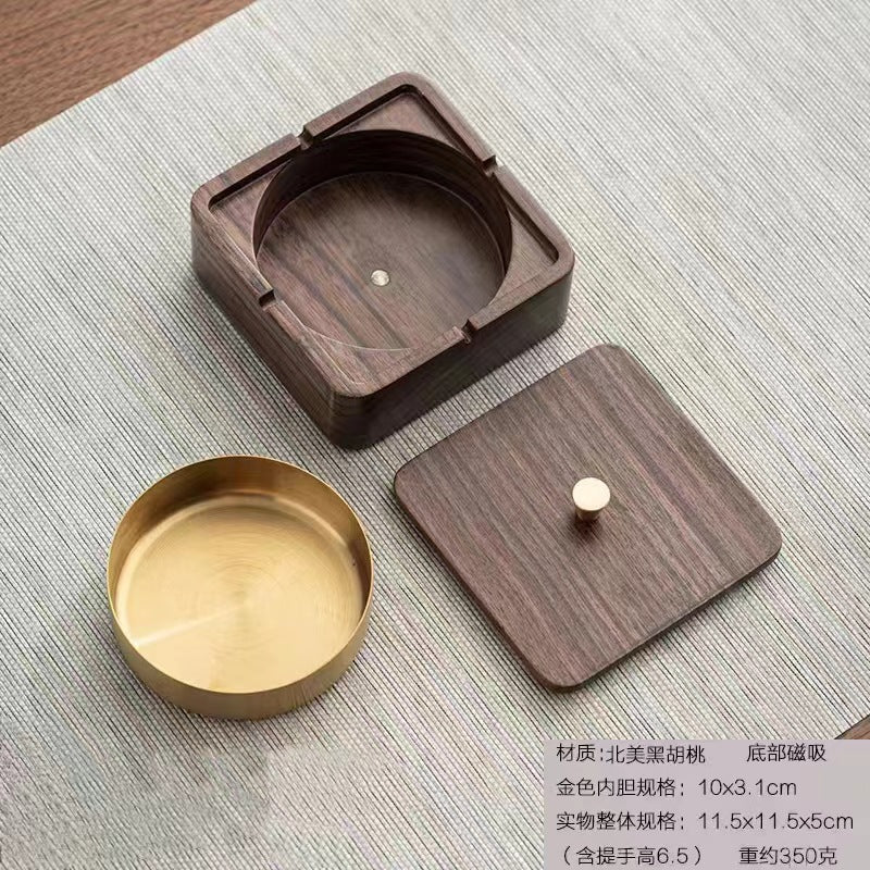 Walnut Ashtray for Home Living Room with Lid, Anti-Fly Ash, Stainless Steel Inner Liner, Creative Office Quality Ashtray