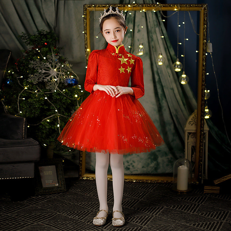 Children's Dance Costume for Children's Day, Red Theme Chorus, Poetry Recitation Performance Costume, Girls' Dress Set
