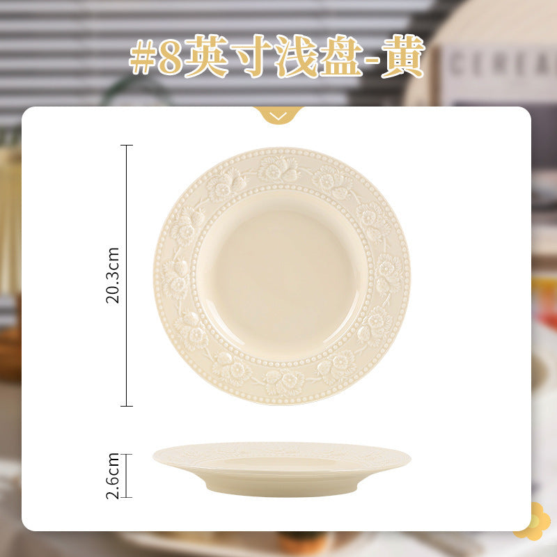 French Style Tableware Bowl and Plate Set for Home Use, High Aesthetic Value for Girls, Cute Ceramic Bowl Set, New Embossed Tableware