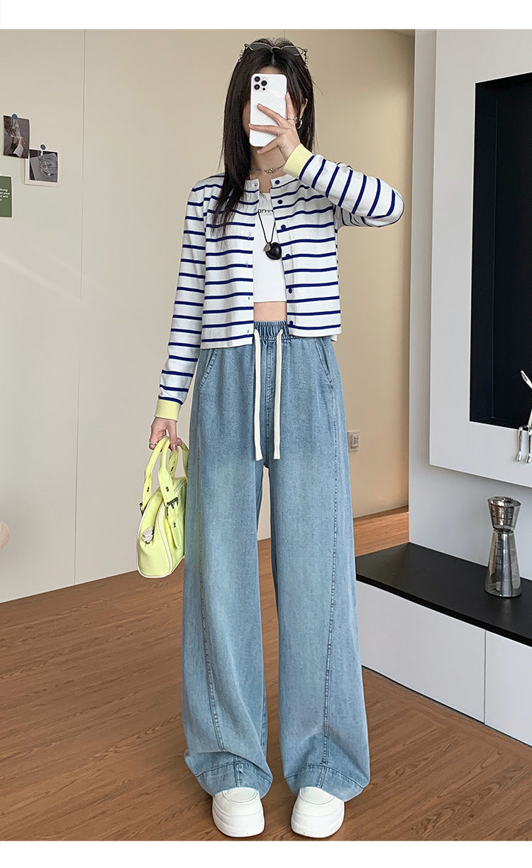 Tencel Jeans for Women Summer Thin Elastic Waist High Waist Draped Large Size Loose Straight Side Seam Front-Moved Wide-Leg Pants