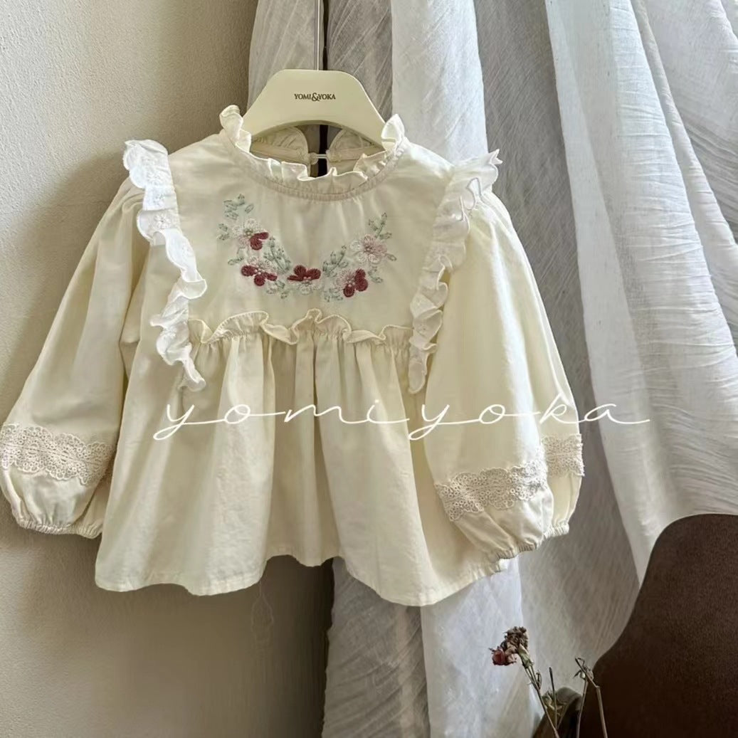 2025Autumn Children's Clothing Girls' Puff Sleeve Shirt Stylish Blue Plaid Baby Doll Long Sleeve Top