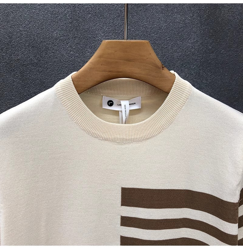 2025New Short Sleeve Knitted Shirt for Men, Striped, Simple, High-End Business, Mature, Slim Fit, Ice Silk T Men's Shirt