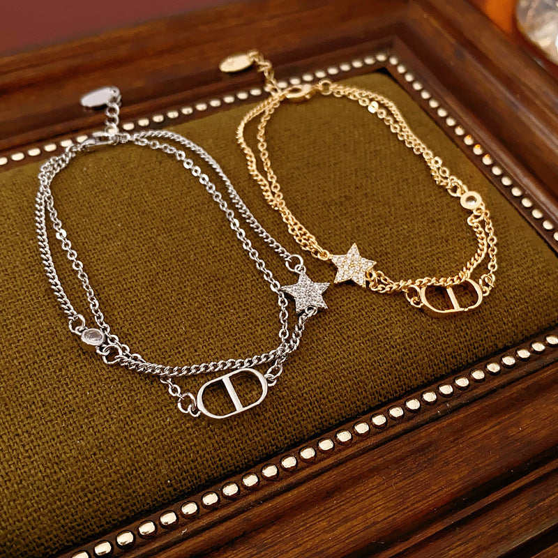 Zircon Star Pig Nose Double Layer Bracelet Niche Light Luxury High-end Versatile Fashion Commuting Vintage Jewelry