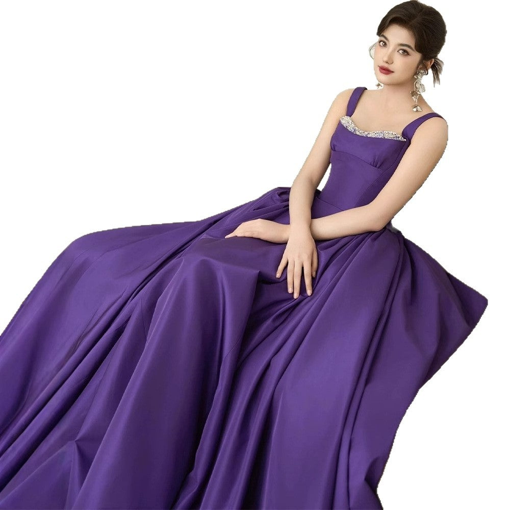 Purple suspender elegant evening dress for birthday party and coming-of-age ceremony2025New Sleeveless Long Dress Satin Elegant Gown