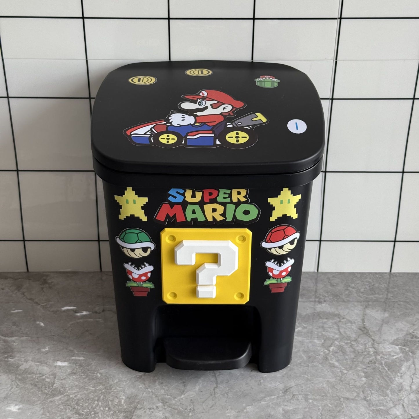 Mario Trash Can for Home Living Room Cute Cartoon Anime Large Capacity Personality Internet Celebrity Thickened Pedal Trash Basket
