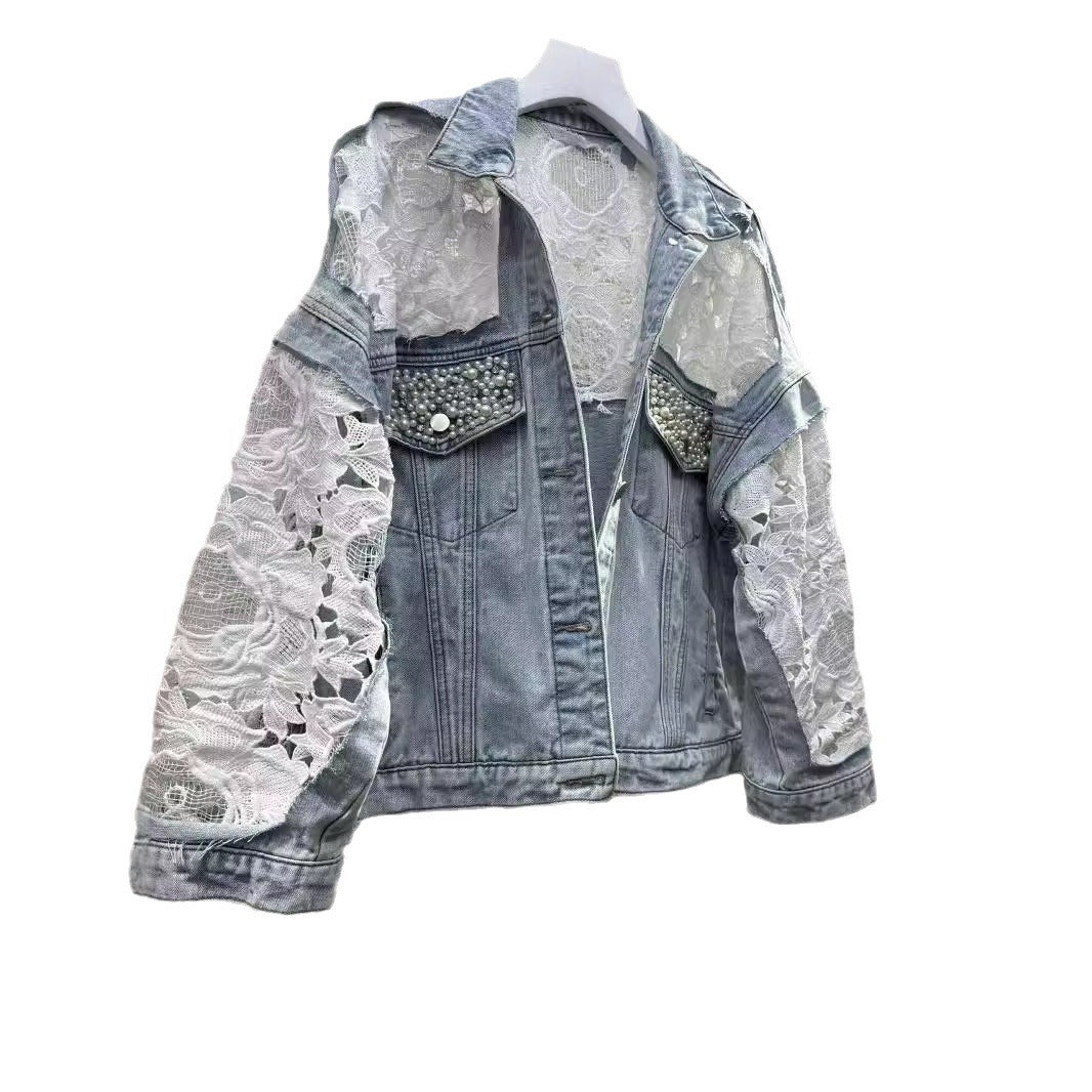 2024Spring and Autumn New Loose Versatile Sunscreen Mesh See-through Lace Embroidered Short Denim Jacket for Women Trendy Top