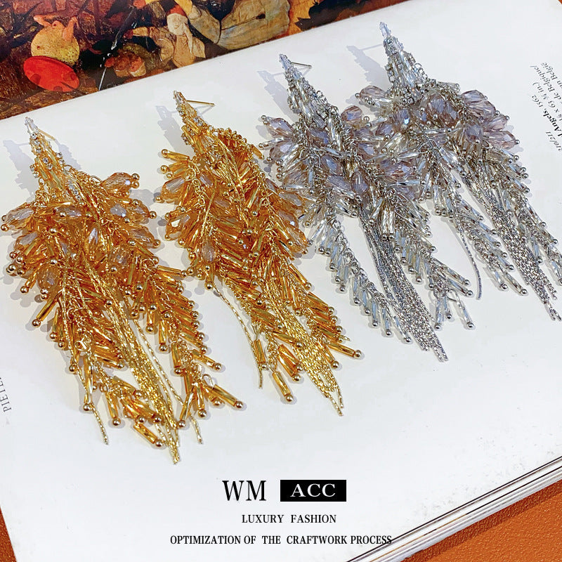 Silver Needle Inlaid Diamond Glass Tassel Earrings Fashion European and American Exaggerated Heavy Craft Stud Earrings Light Luxury High-end Niche Earrings for Women