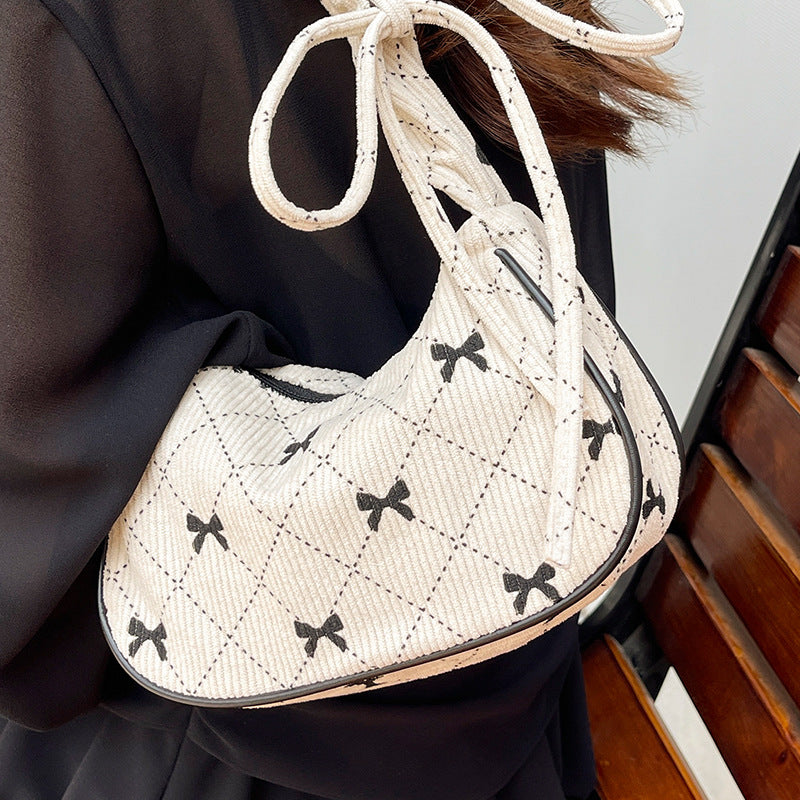 Sweet Bow Plaid Single Shoulder Underarm Crescent Bag2024Autumn new simple casual large capacity handbag