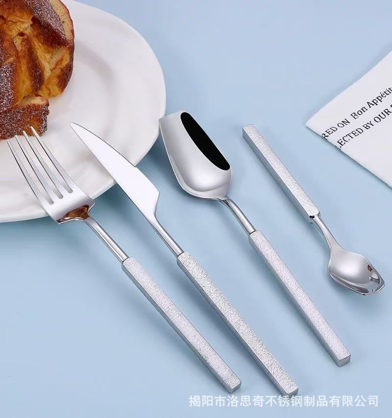 New304Stainless Steel Western Tableware Fantawild Hammered Pattern Knife Fork Spoon Set Integrated Thickened Fork Household Spoon