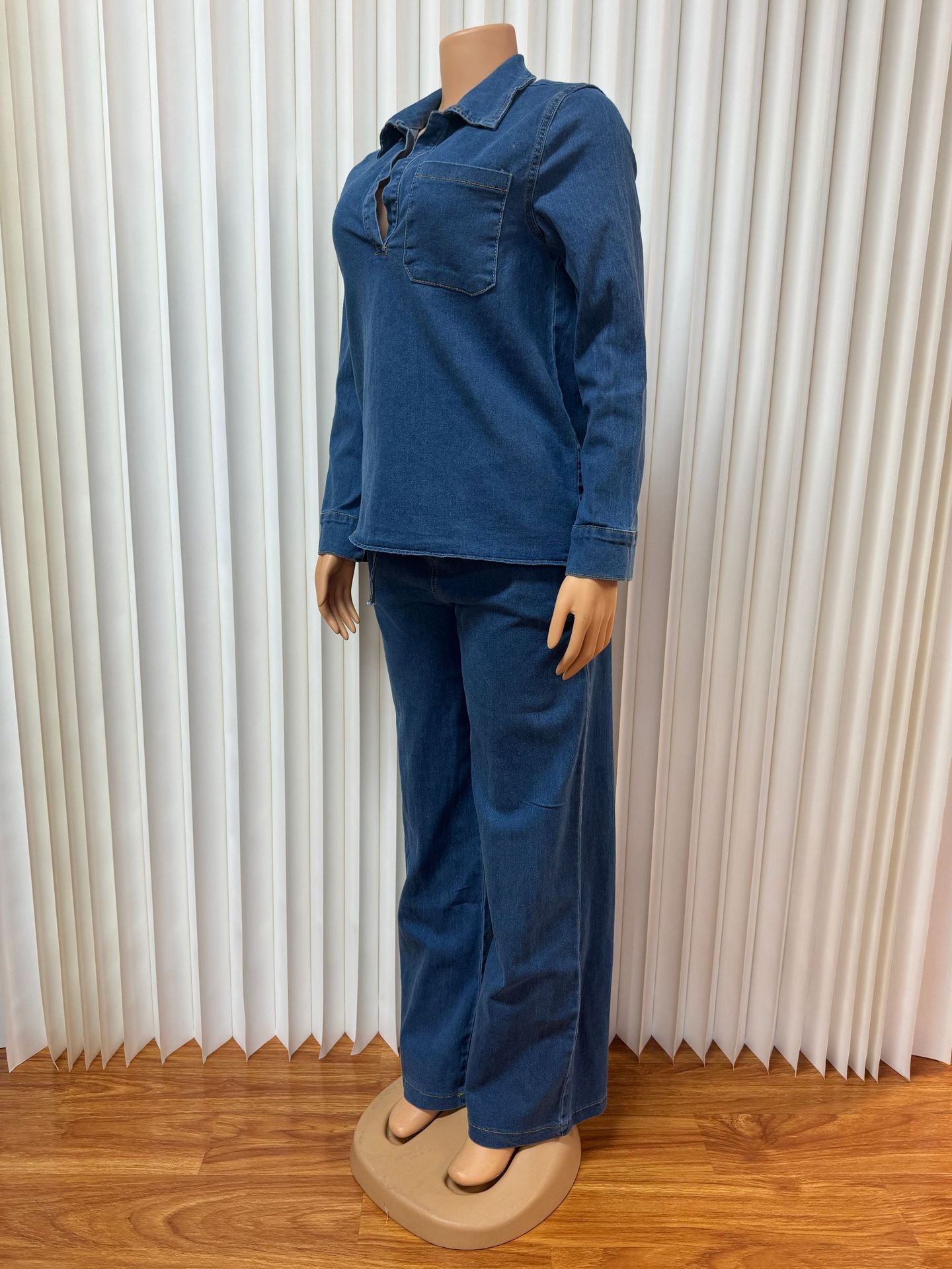 Cross-Border European and American New Women's Denim Suit Long Sleeve Lapel Pocket Top Lace-up Straight-leg Pants Two-piece Set