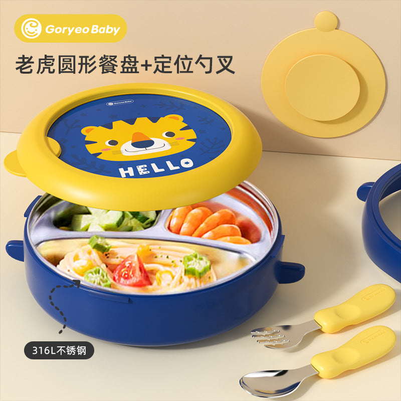 goryeobaby Children's Stainless Steel Plate Baby Suction Bowl Water-Insulated Bowl Baby Divided Plate Baby Food Utensils