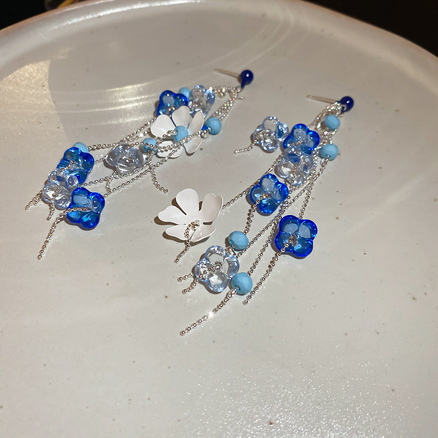 Beach Vacation Style Silver Needle Tassel Earrings Fashion Versatile Sweet Dopamine Earrings High-end Niche Earrings for Women