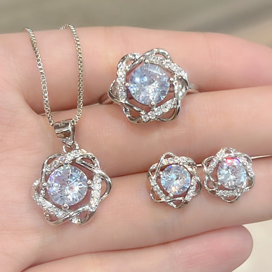 TikTok Live Full Diamond Hexagram Ring Earrings Pendant Necklace18K Gold Rotating Windmill Diamond Ring Jewelry Set