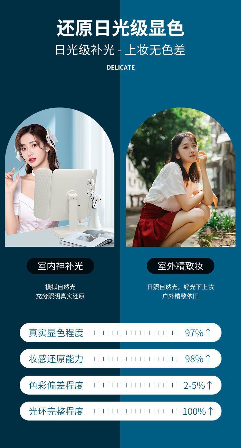 LED Makeup Mirror Desktop with Light Three-Sided Folding Magnifying Internet Celebrity Dormitory Desktop Beauty Bedroom Dressing Mirror